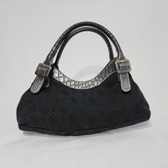 Guess Vintage Black Logo Mini Shoulder Bag Silver G Buckle Croc Embossed Y2K - Picture 4 of 13